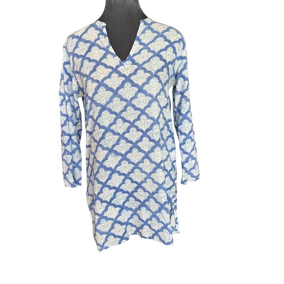 Robert Roller Rabbit XS Cotton Blue & White Printed Tunic Top With 3/4 Sleeves & - Picture 2 of 7